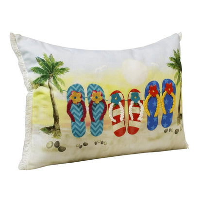 14" X 20" Green And Off White Lumbar Tropical Throw Pillow with Fringe