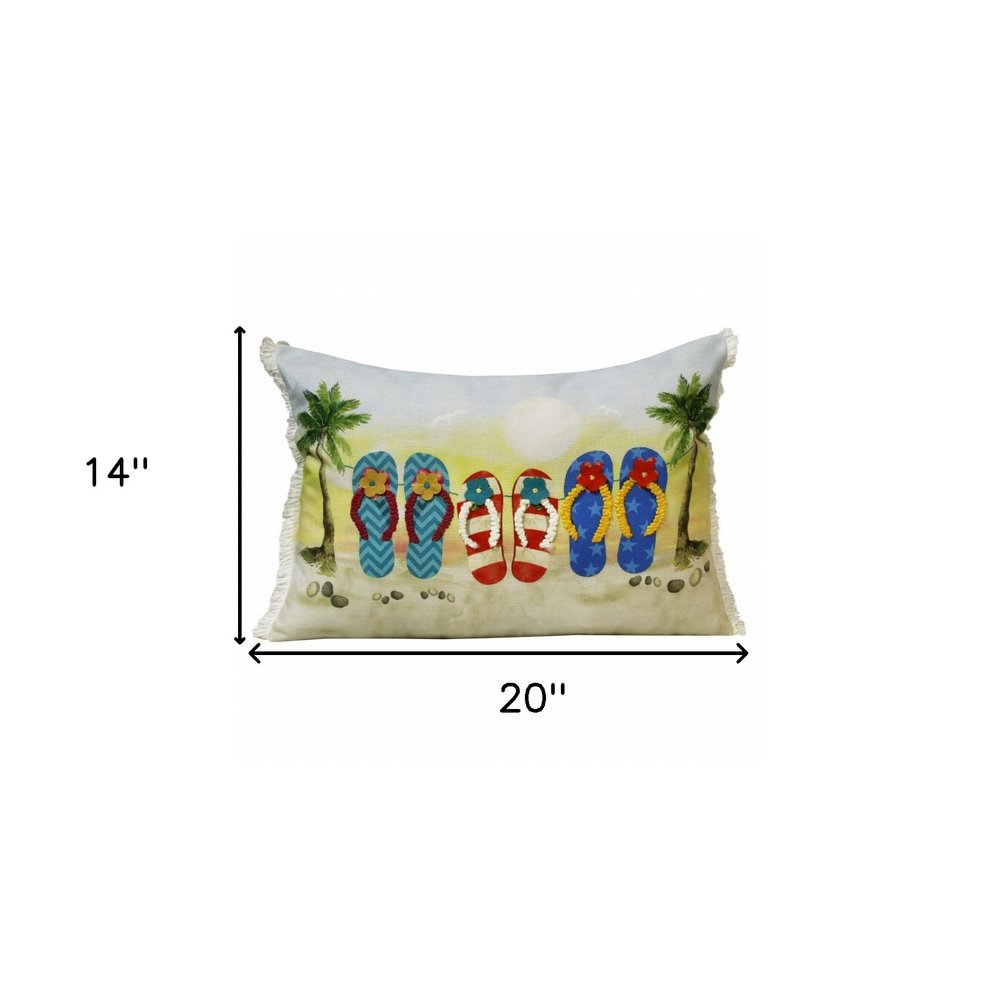 14" X 20" Green And Off White Lumbar Tropical Throw Pillow with Fringe