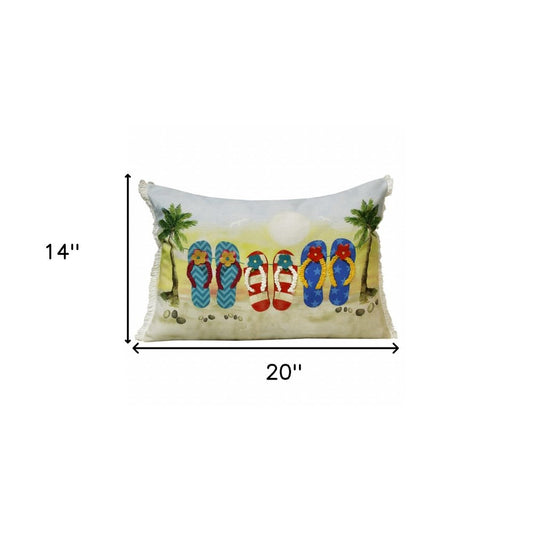 14" X 20" Green And Off White Lumbar Tropical Throw Pillow with Fringe