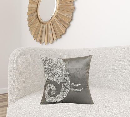 20" X 20" Gray And Silver Elephant Polyester Animal Print Zippered Pillow