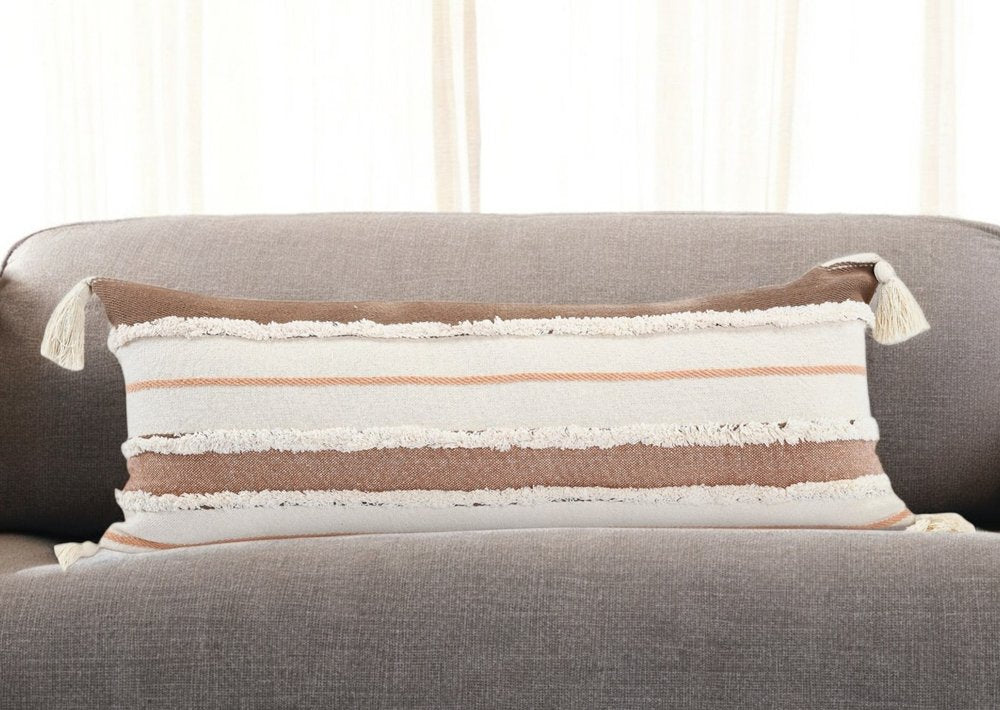 14" X 36" Blue And Off-White 100% Cotton Striped Zippered Pillow