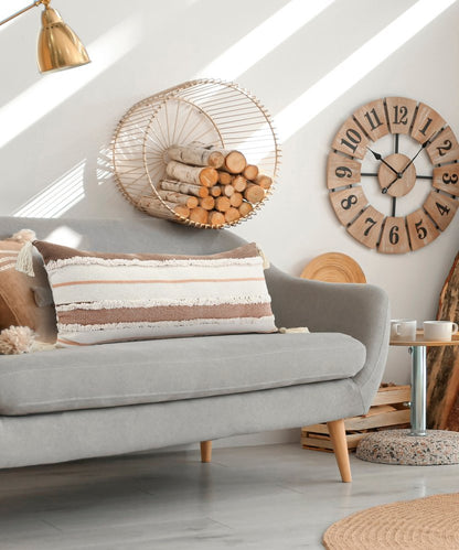 14" X 36" Blue And Off-White 100% Cotton Striped Zippered Pillow