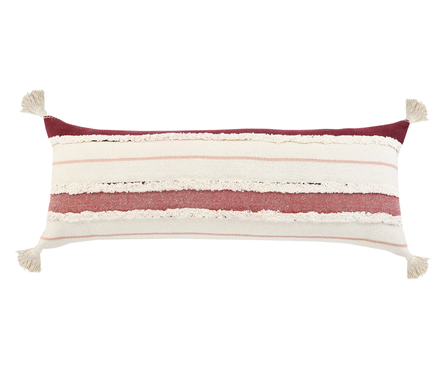 14" X 36" Red And Off-White 100% Cotton Striped Zippered Pillow