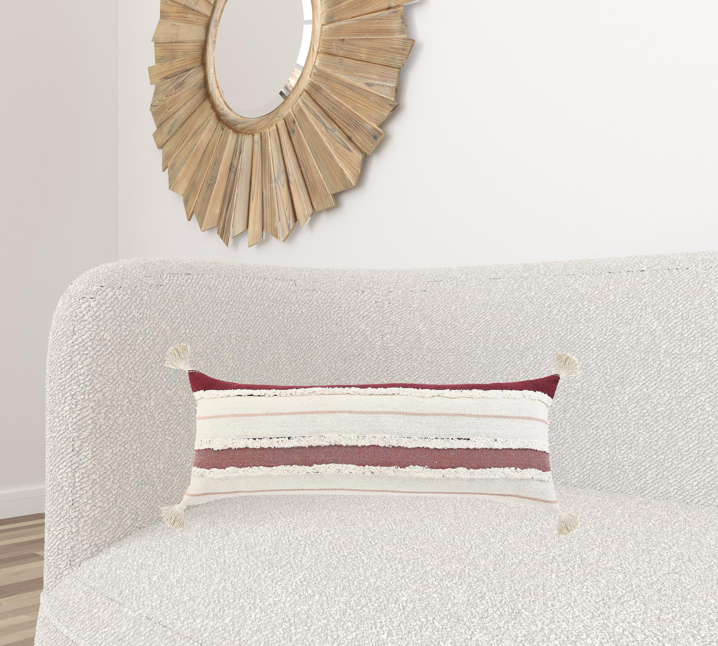 14" X 36" Red And Off-White 100% Cotton Striped Zippered Pillow