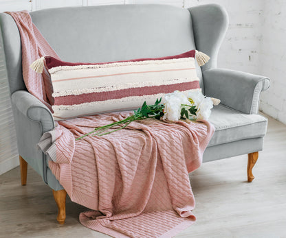 14" X 36" Red And Off-White 100% Cotton Striped Zippered Pillow