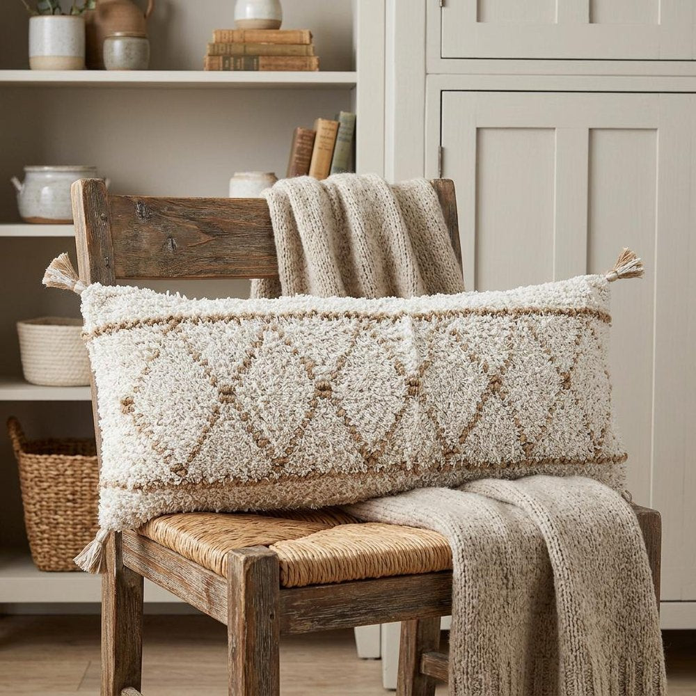 14" X 36" Tan And White Geometric Cotton Throw Pillow