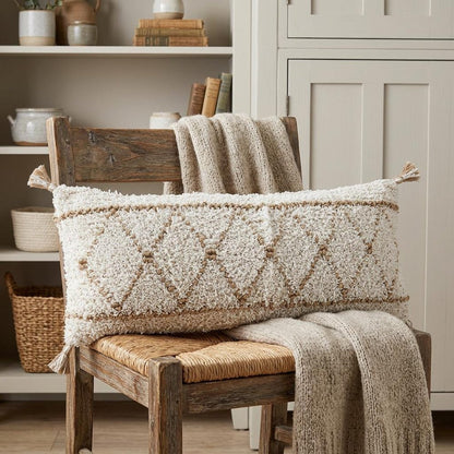 14" X 36" Tan And White Geometric Cotton Throw Pillow