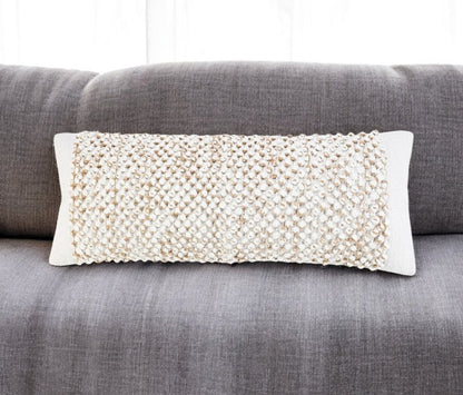 14" X 36" Tan And White Cotton Abstract Throw Pillow
