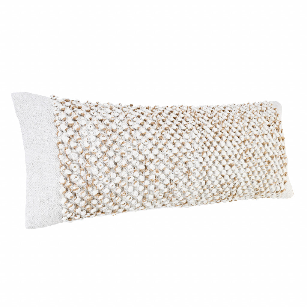 14" X 36" White And Tan 100% Cotton Abstract Zippered Pillow