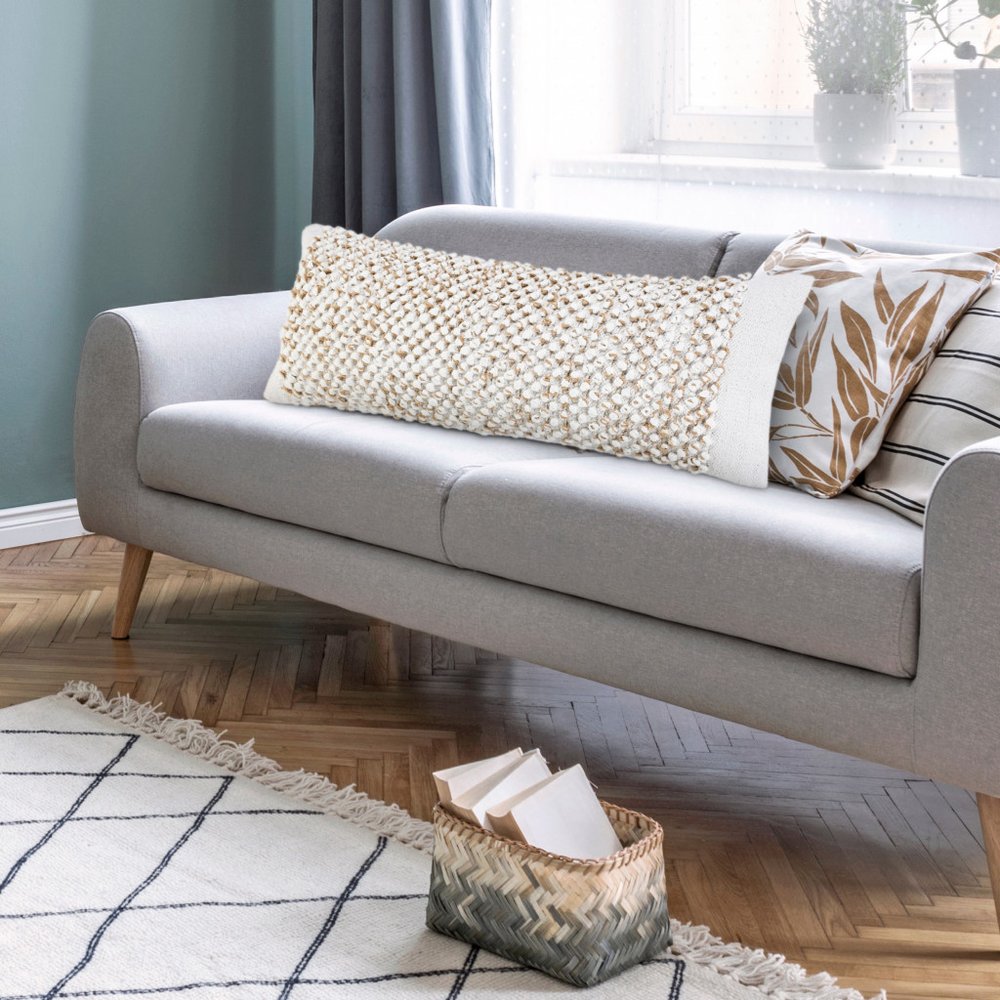 14" X 36" Tan And White Cotton Abstract Throw Pillow