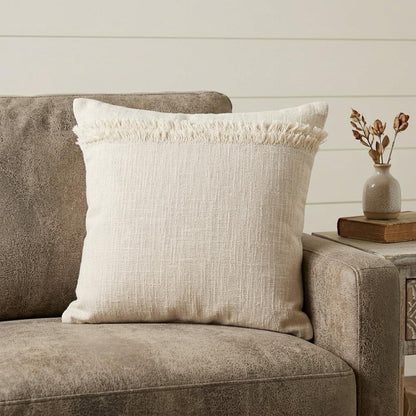 14" X 36" Cream Cotton Throw Pillow with Fringe