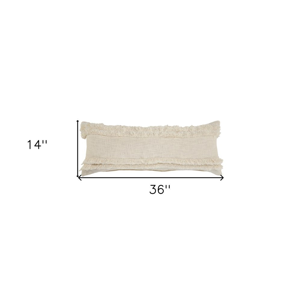 14" X 36" Cream Cotton Throw Pillow with Fringe