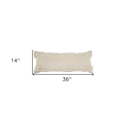 14" X 36" Cream Cotton Throw Pillow with Fringe