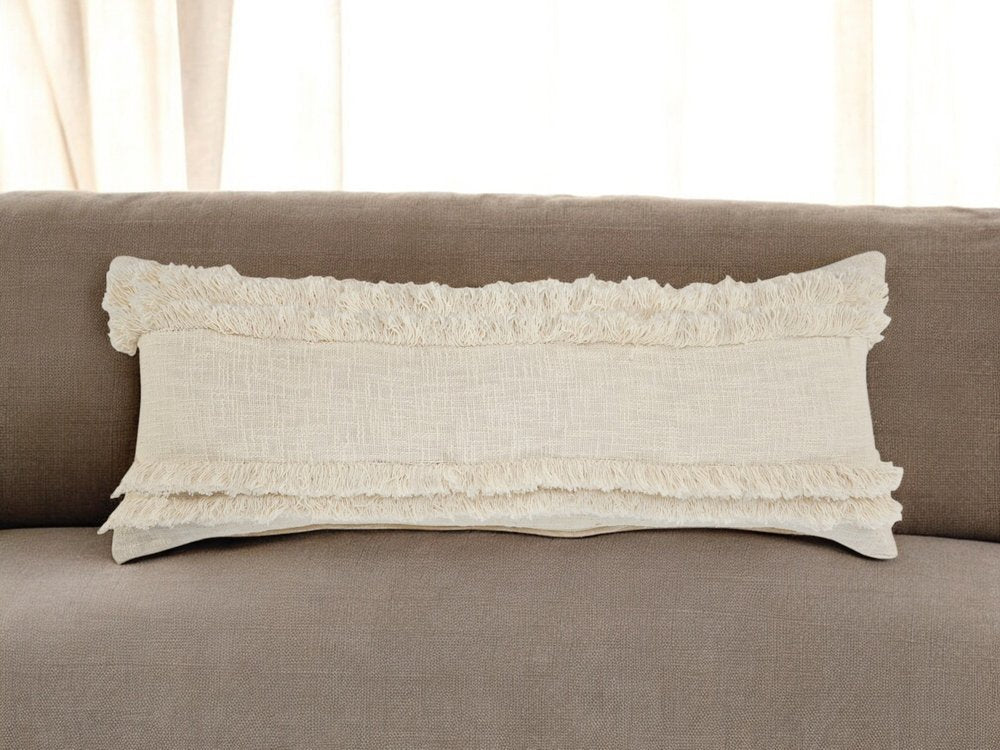 14" X 36" Cream Cotton Throw Pillow with Fringe