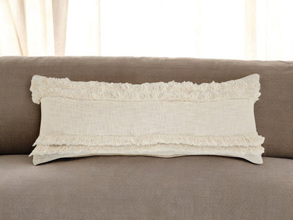 14" X 36" Cream Cotton Throw Pillow with Fringe