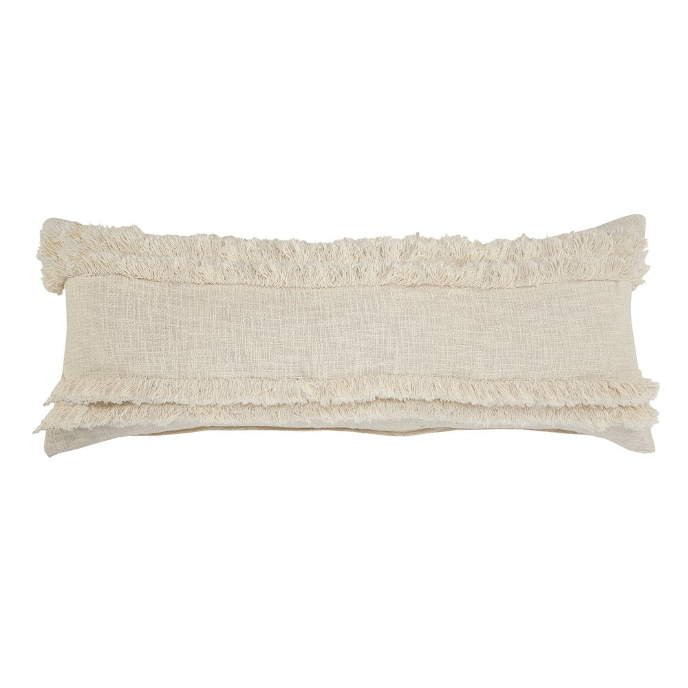 14" X 36" Cream Cotton Throw Pillow with Fringe