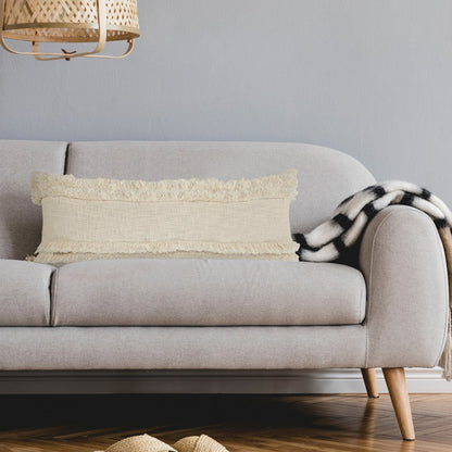 14" X 36" Cream Cotton Throw Pillow with Fringe