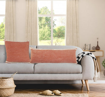 14" X 36" Orange And Off-White 100% Cotton Striped Zippered Pillow