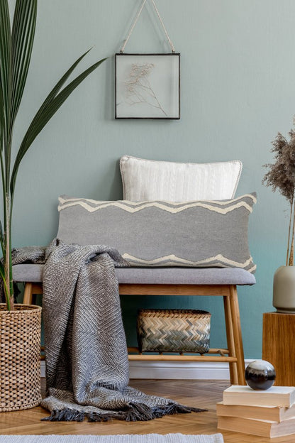 14" X 36" Gray And Tan Cotton Chevron Throw Pillow