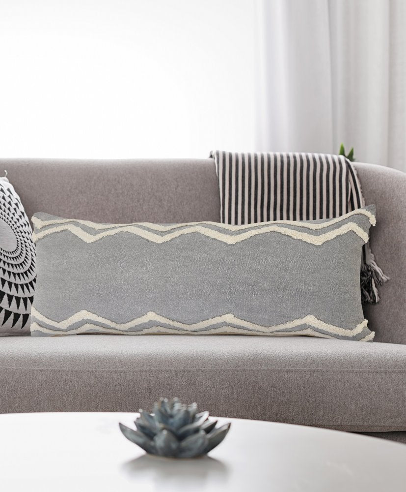 14" X 36" Gray And Tan Cotton Chevron Throw Pillow