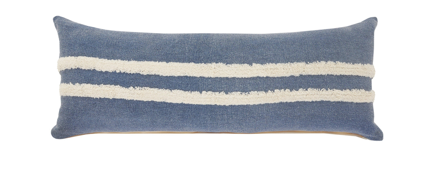 14" X 36" Dusty Blue And White 100% Cotton Striped Zippered Pillow