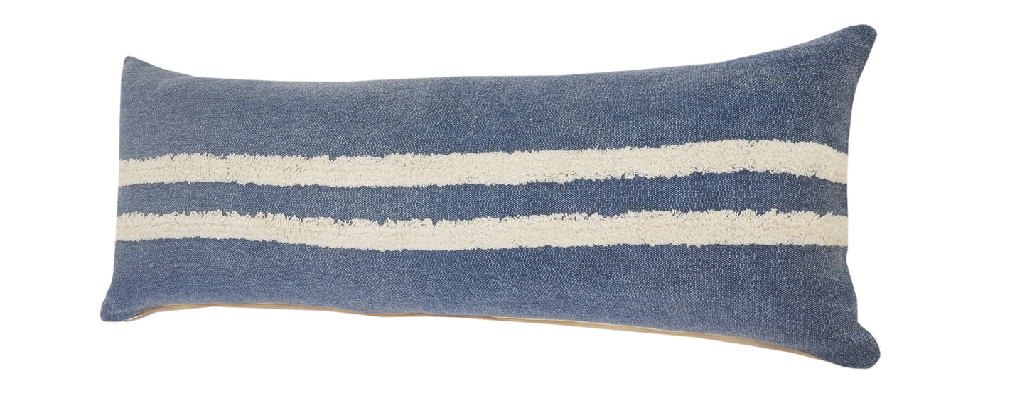 14" X 36" Dusty Blue And White 100% Cotton Striped Zippered Pillow