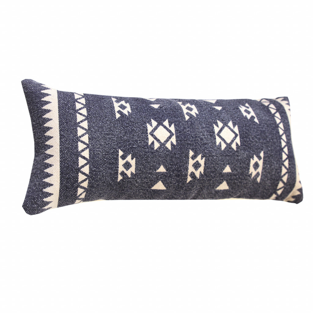 14" X 36" Navy And White 100% Cotton Geometric Zippered Pillow