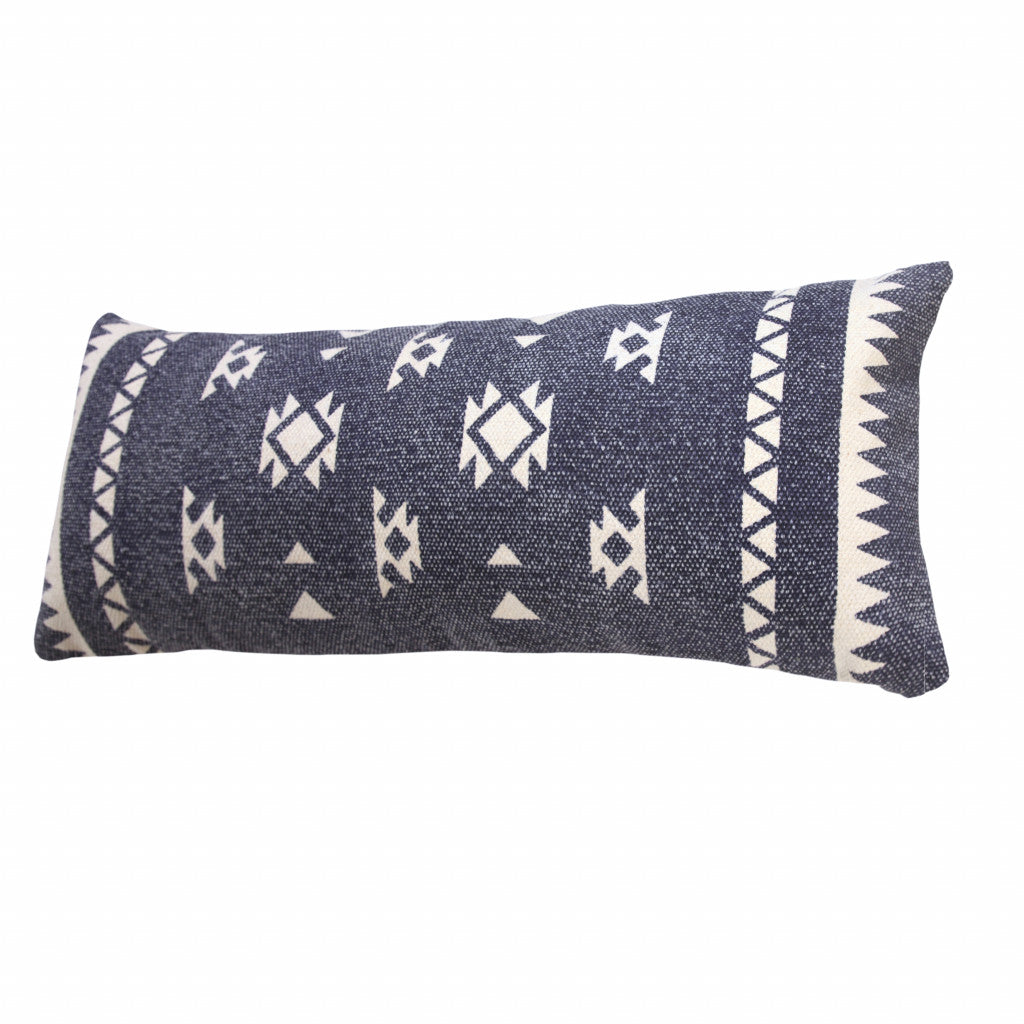 14" X 36" Navy And White 100% Cotton Geometric Zippered Pillow