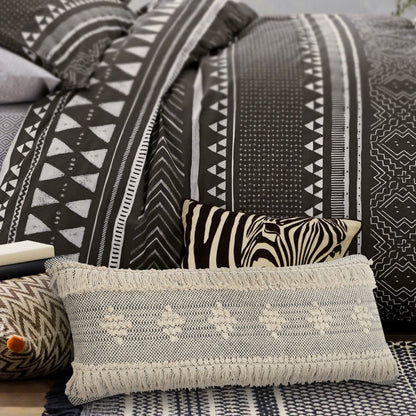 14" X 36" Gray And Taupe Cotton Geometric Throw Pillow