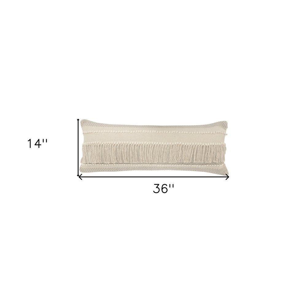 20" Beige and Ivory Throw Pillow with Fringe