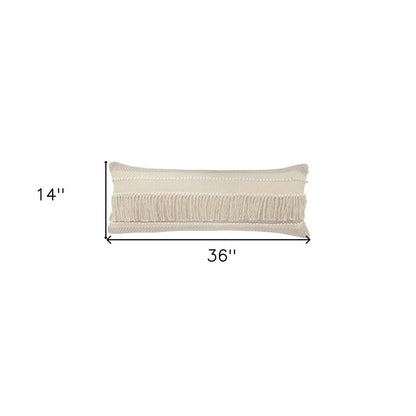20" Beige and Ivory Throw Pillow with Fringe