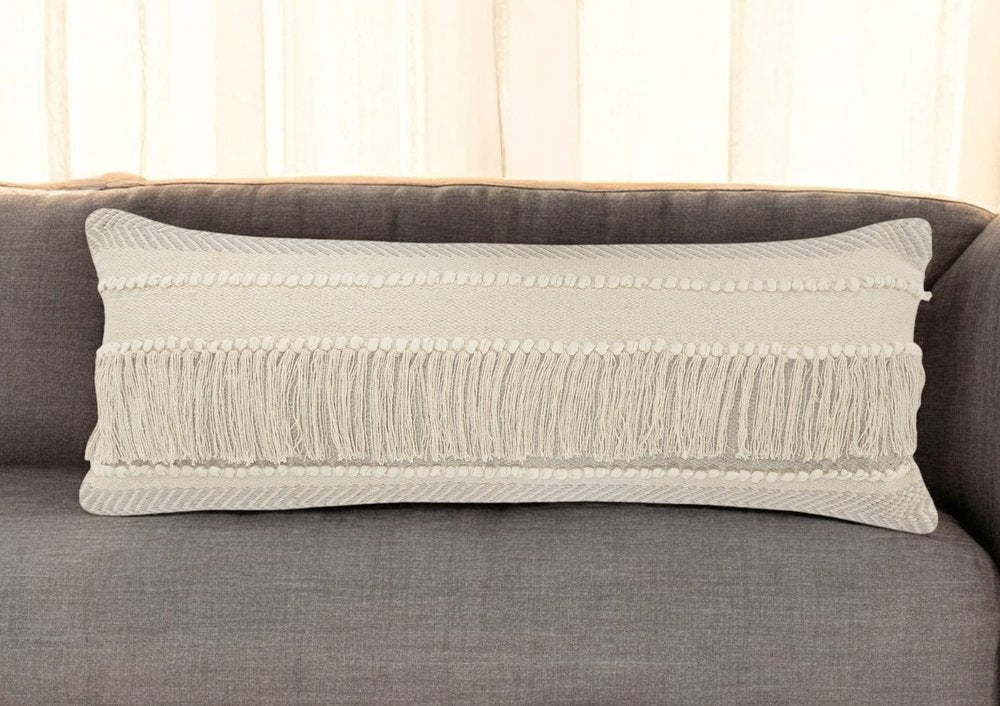 20" Beige and Ivory Throw Pillow with Fringe