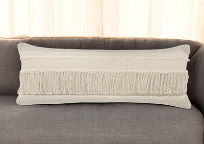 20" Beige and Ivory Throw Pillow with Fringe