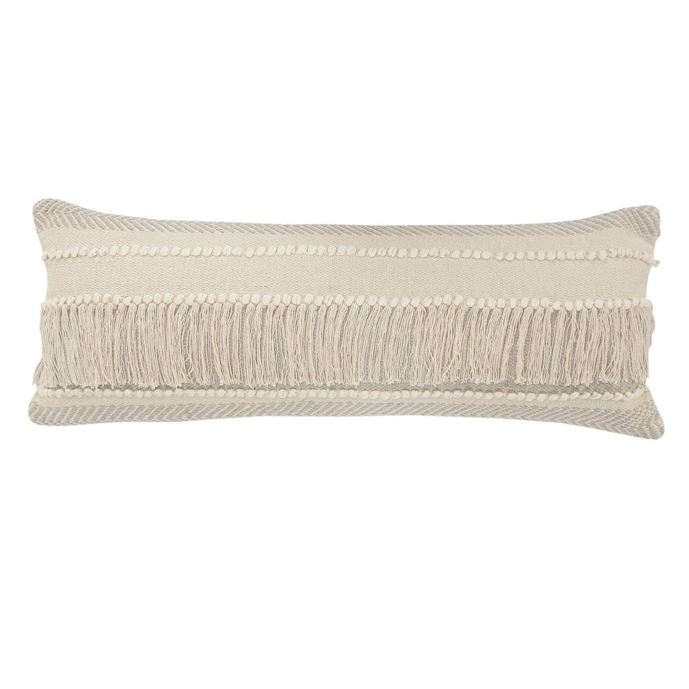 20" Beige and Ivory Throw Pillow with Fringe