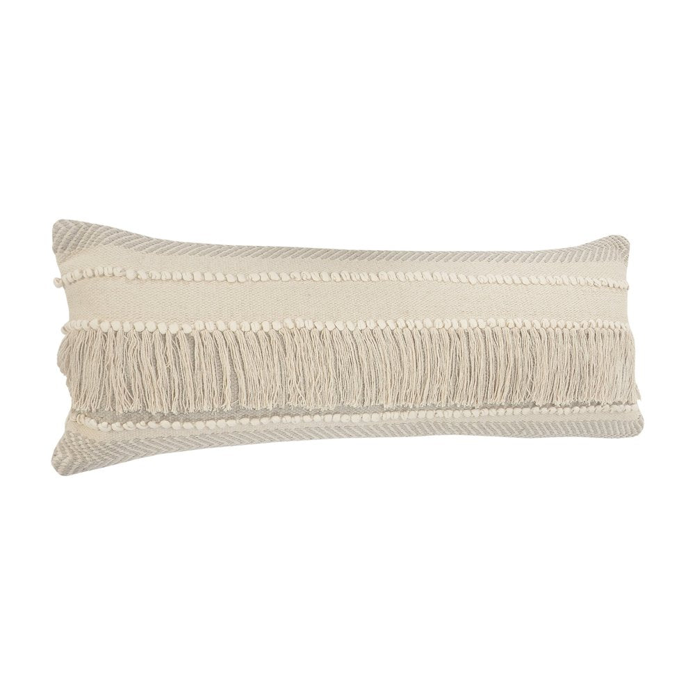 20" Beige and Ivory Throw Pillow with Fringe
