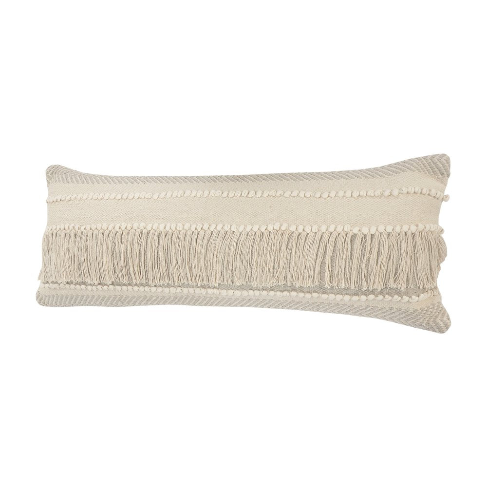 20" Beige and Ivory Throw Pillow with Fringe