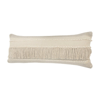 20" Beige and Ivory Throw Pillow with Fringe