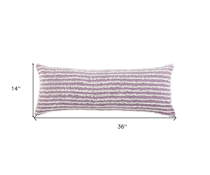 14" X 36" Purple And Cream 100% Cotton Striped Zippered Pillow