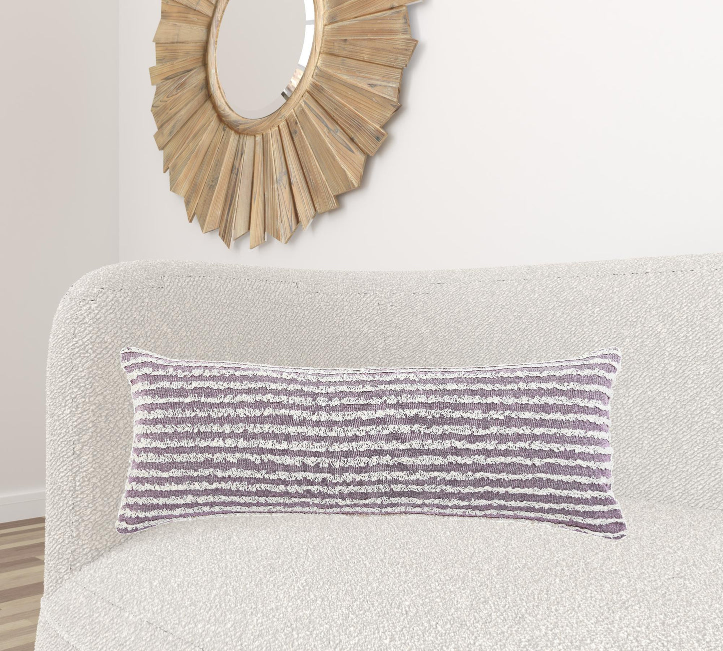 14" X 36" Purple And Cream 100% Cotton Striped Zippered Pillow