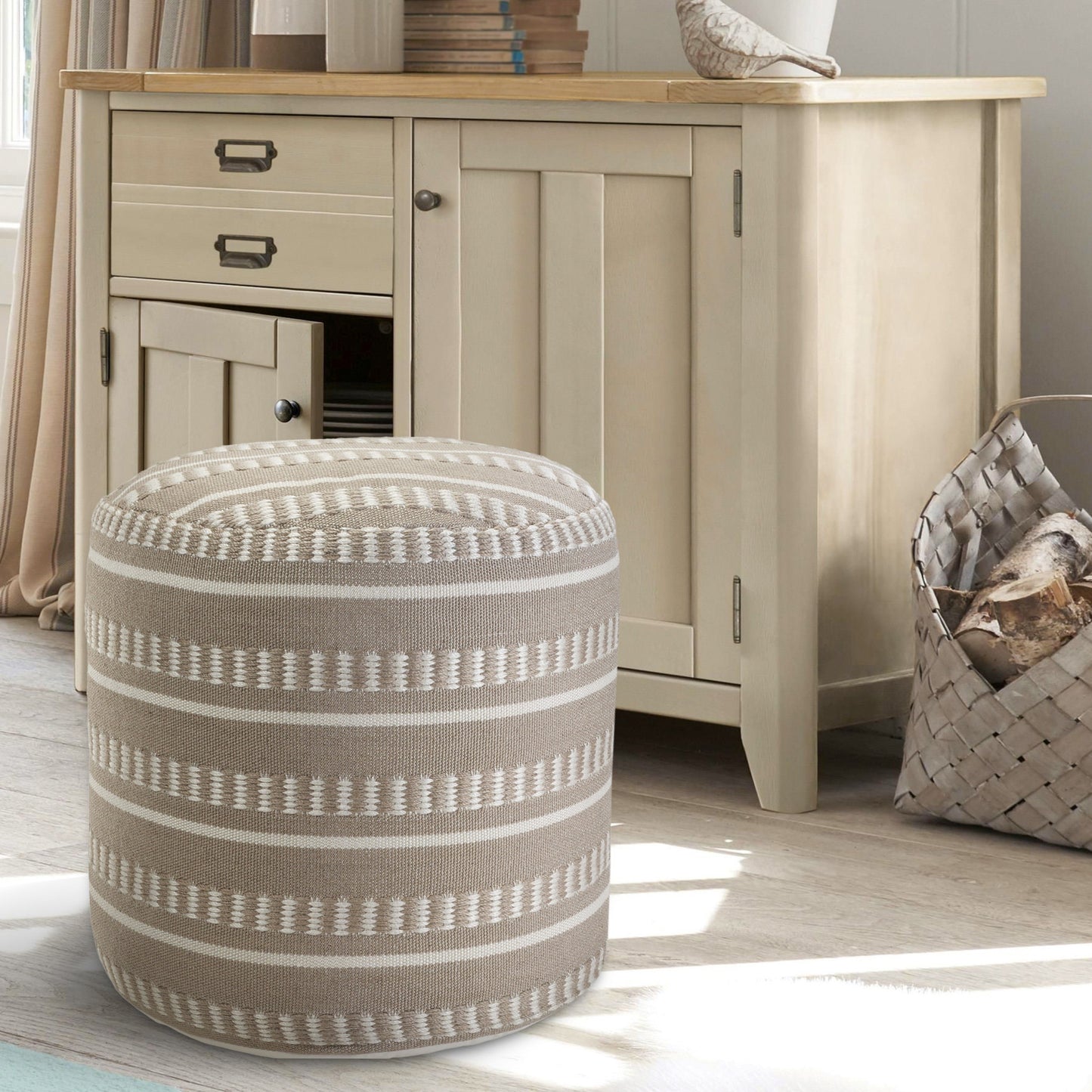 20" Brown Polyester Round Striped Indoor Outdoor Pouf Ottoman