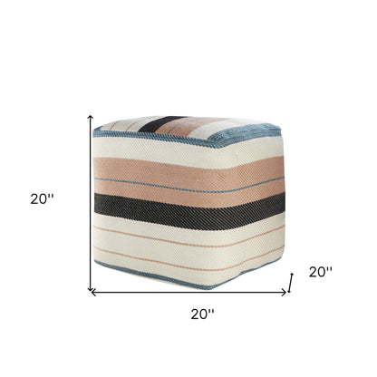 20" White Polyester Striped Indoor Outdoor Pouf Ottoman