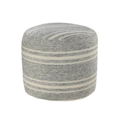 18" Gray Polyester Round Striped Indoor Outdoor Pouf Ottoman