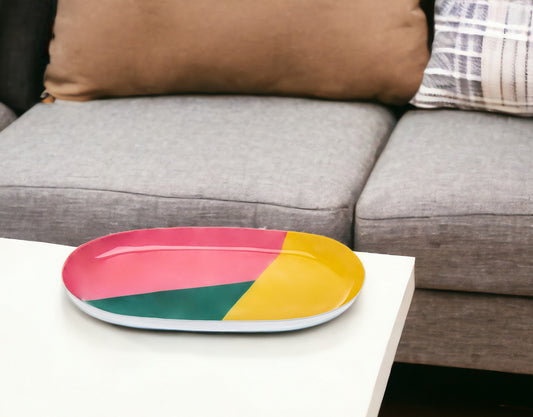 9" Pink Yellow and Green Oval Metal Serving Tray