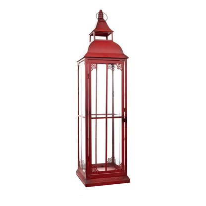 Set of Three Red Distressed Ornate Glass And Metal Floor Lantern Candle Holders
