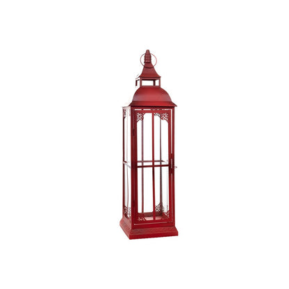 Set of Three Red Distressed Ornate Glass And Metal Floor Lantern Candle Holders
