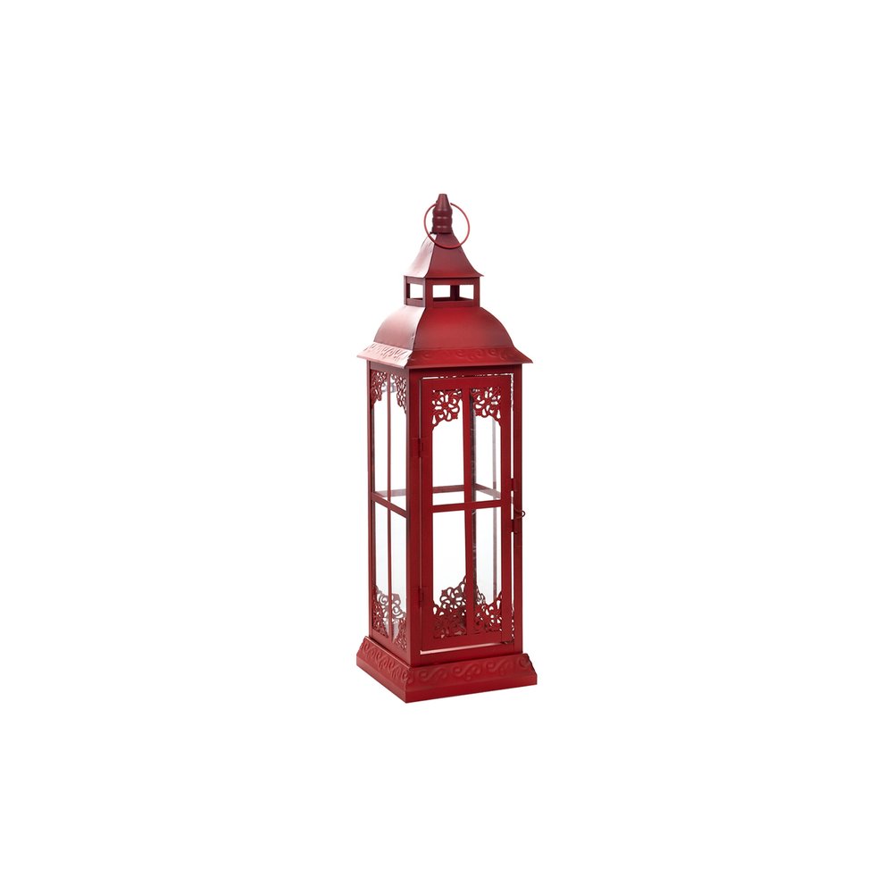 Set of Three Red Distressed Ornate Glass And Metal Floor Lantern Candle Holders