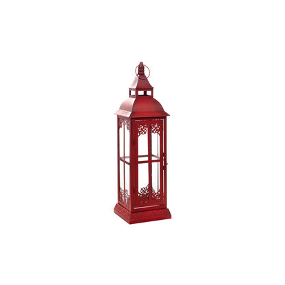 Set of Three Red Distressed Ornate Glass And Metal Floor Lantern Candle Holders