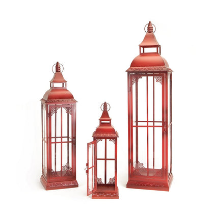 Set of Three Red Distressed Ornate Glass And Metal Floor Lantern Candle Holders