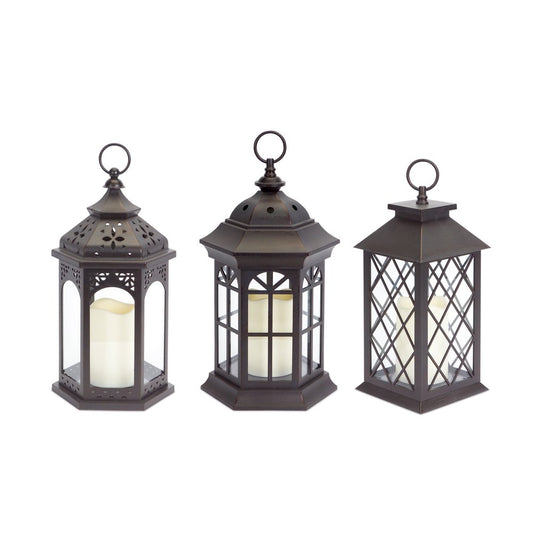 Set of Three Dark Brown Distressed Ornate Glass And Plastic Floor Lantern Candle Holders With Candle