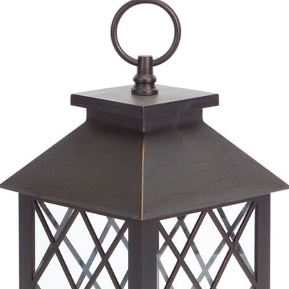 Set of Three Dark Brown Distressed Ornate Glass And Plastic Floor Lantern Candle Holders With Candle